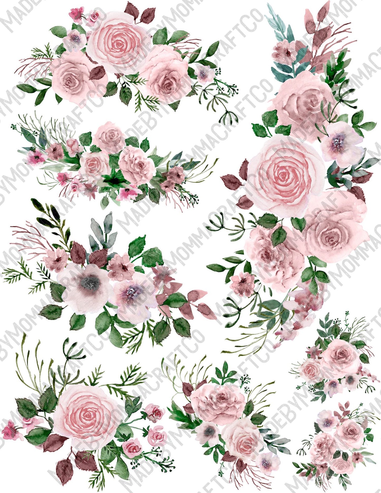 Pink Roses & Arrangements Sheet - Cheat Clear Waterslide ™ or Sticker Themed Sheet Elements Sheet
