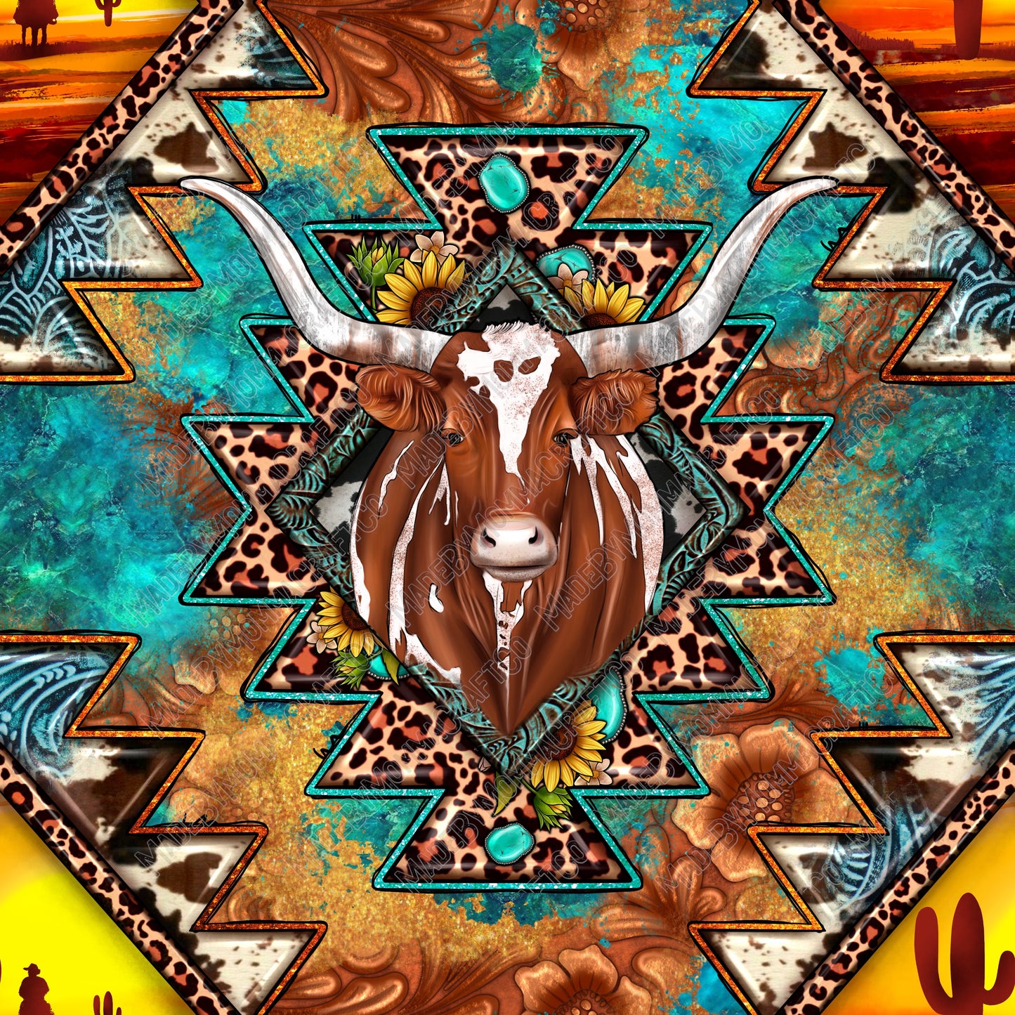 Western Texas Longhorn And Sunset Aztec - Vinyl Or Waterslide Seamless Wrap