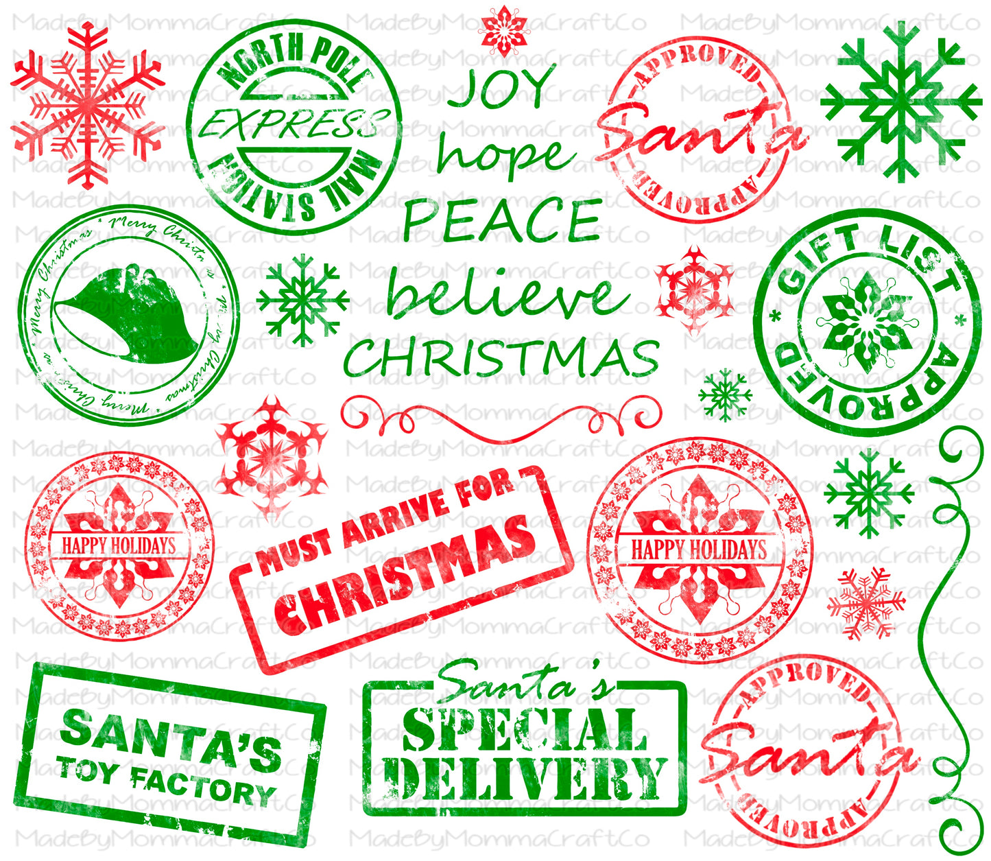 Red And Green Christmas Stamps Cheat Clear Waterslide ™ or Sticker Themed Sheet Elements Sheet