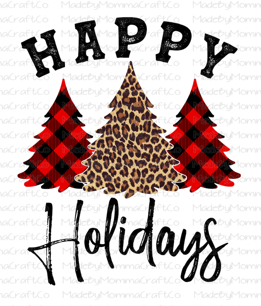 Happy Holidays Christmas Tree Plaid Leopard - Cheat Clear Waterslide™ or White Cast Sticker
