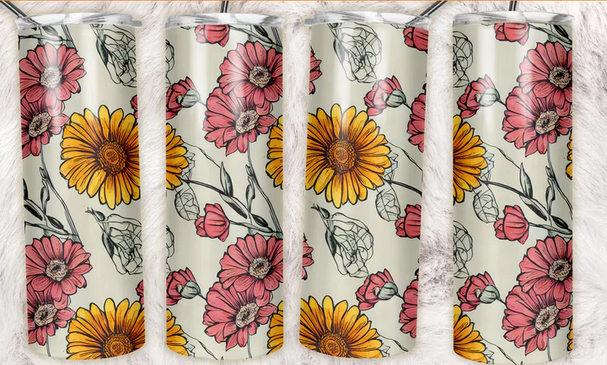 vintage floral yellow pink Sublimation or Waterslide Wrap - 20oz and 30oz