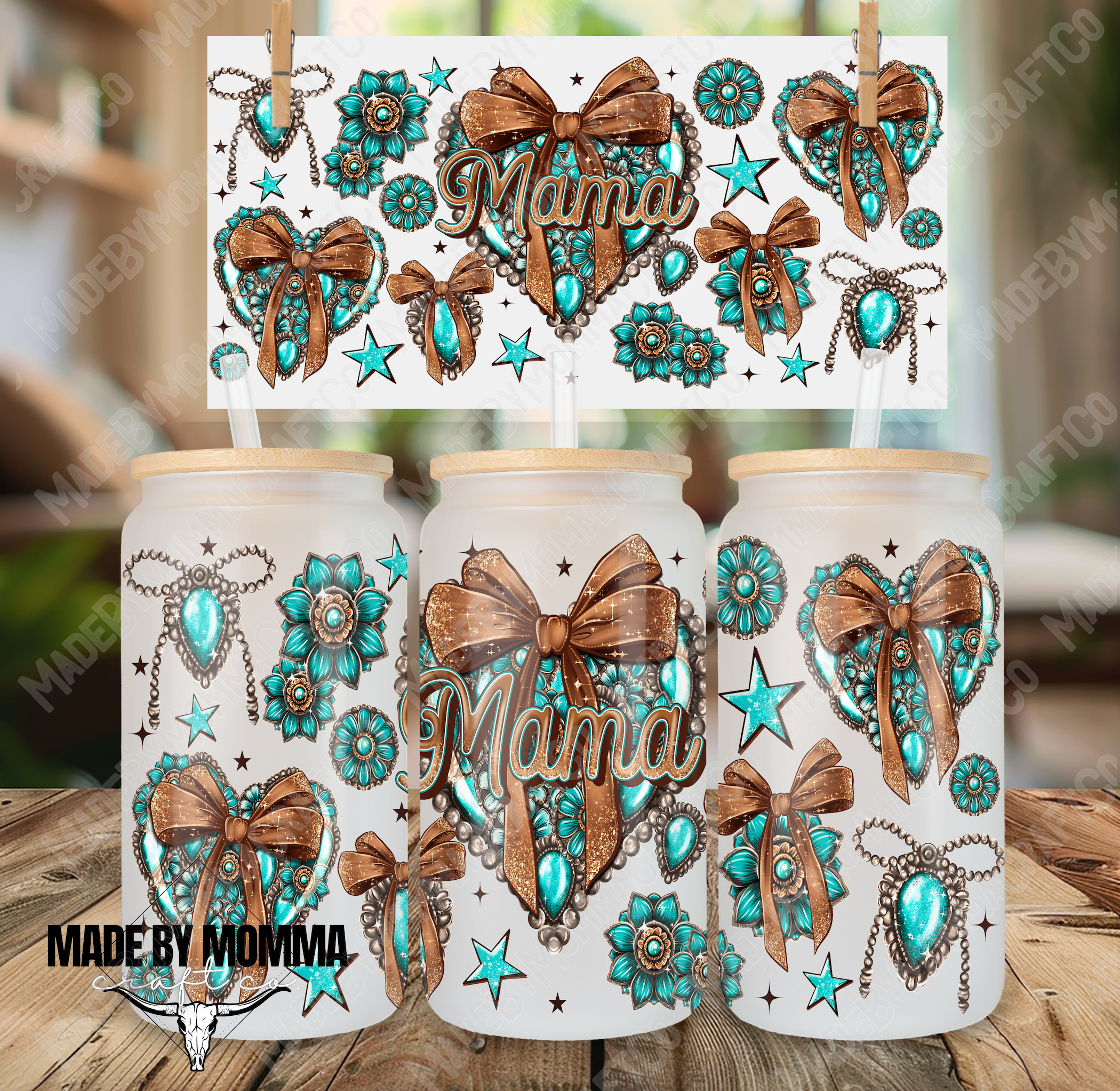 Turquoise Conchos Mama Heart Western 16oz UV DTF or Sublimation Wrap