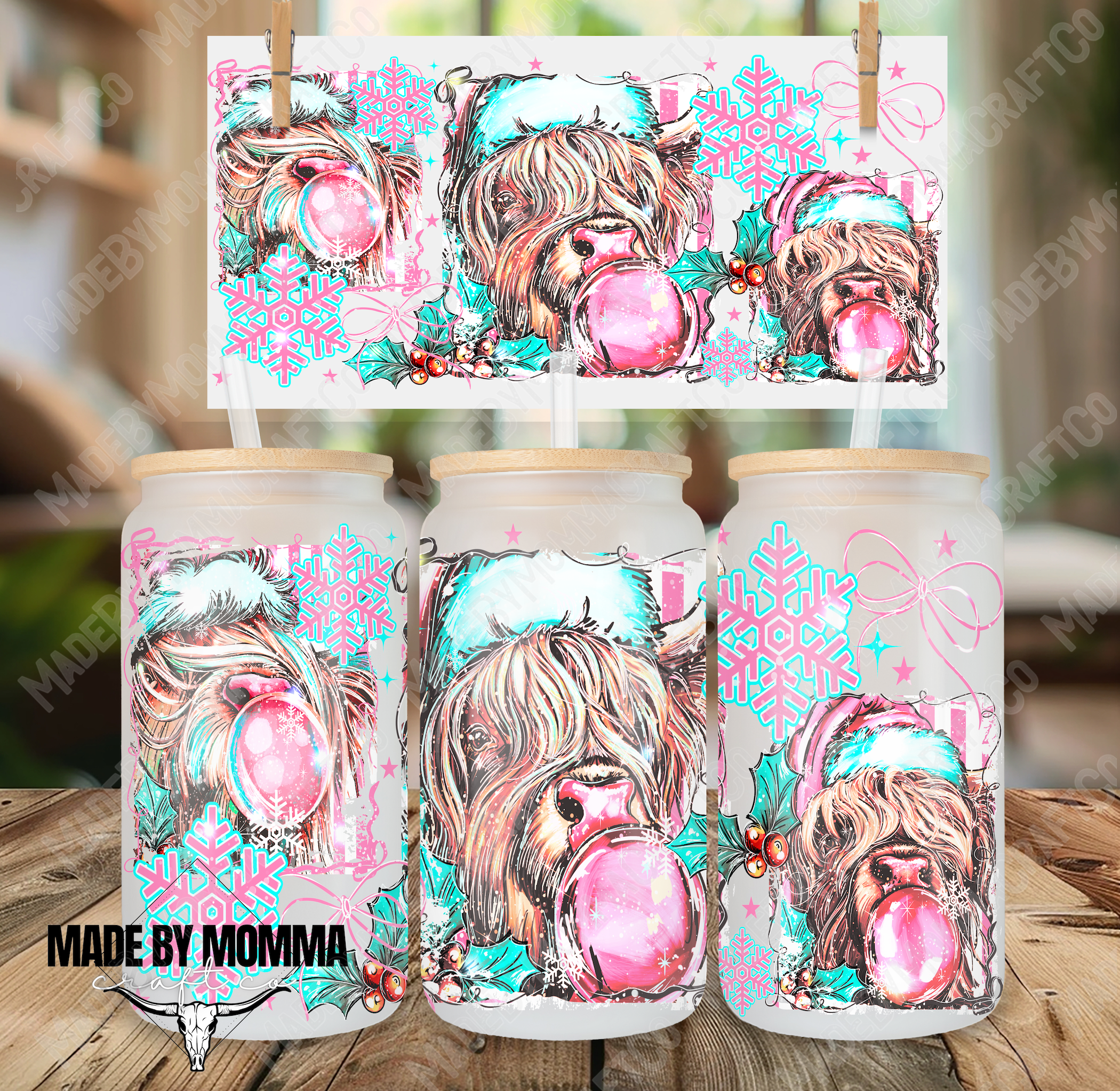 Christmas Highland Bubble Cow 16oz UV DTF or Sublimation Wrap