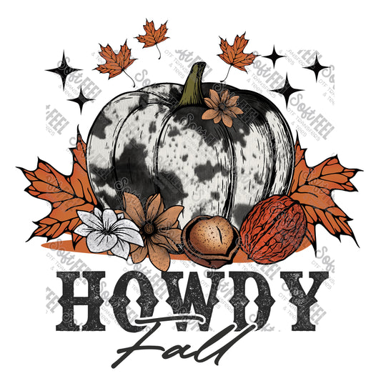 Howdy Fall Cow Print Pumpkin - Fall / Country Western - Direct To Film Transfer / DTF - Heat Press Clothing Transfer