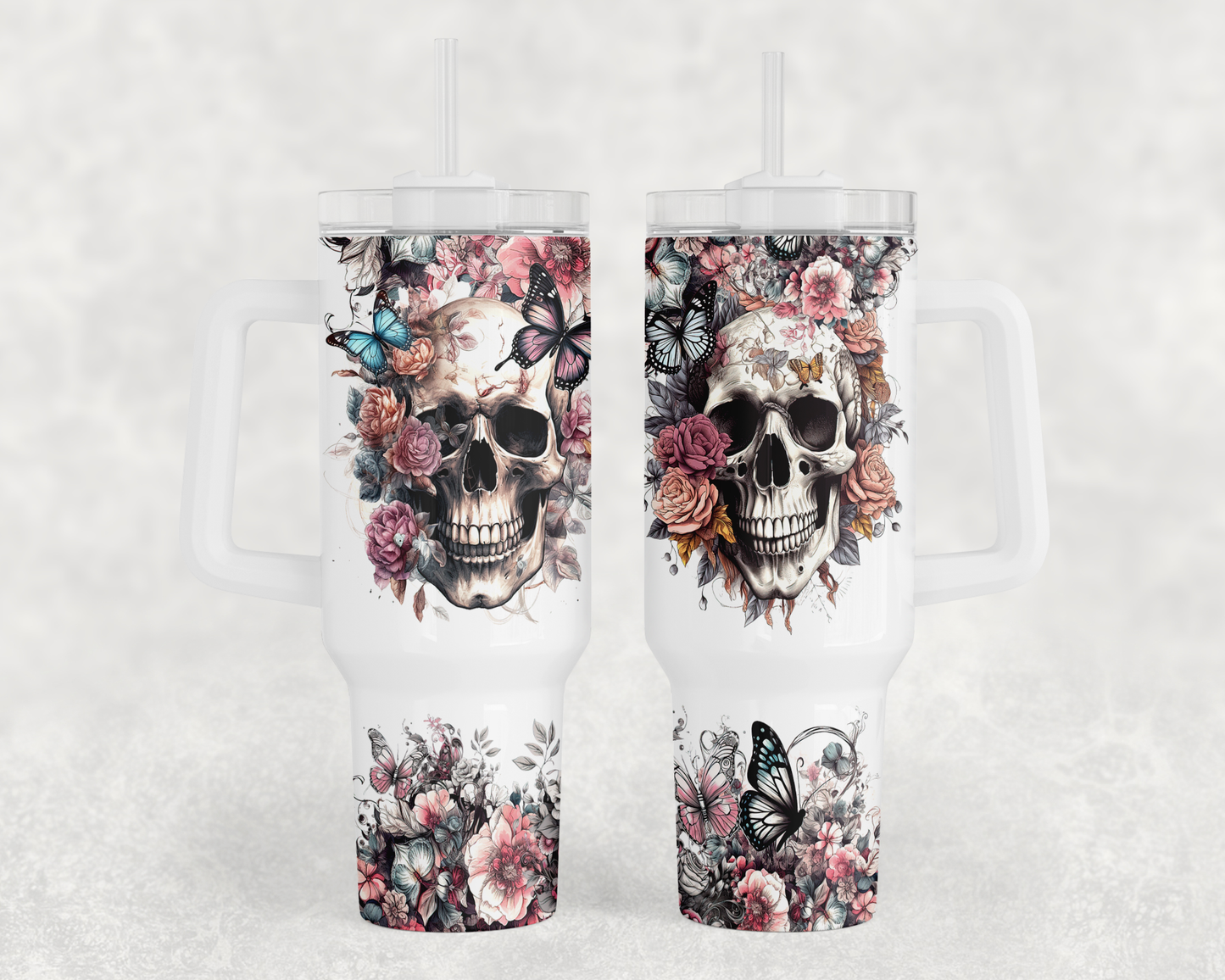 Floral Skulls Pink - 40oz Handle Tumbler - Sublimation or Waterslide Wrap