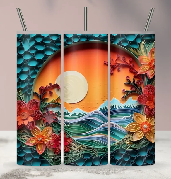 3D Ocean Sunset Floral Landscape Sublimation or Waterslide Wrap - 20oz and 30oz