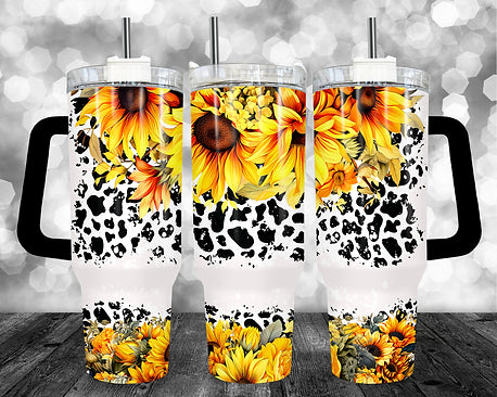 Sunflower Cow - 40oz Handle Tumbler - Sublimation or Waterslide Wrap