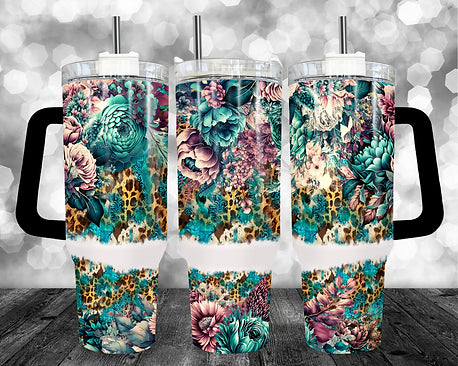 Leopard Cow Floral - 40oz Handle Tumbler - Sublimation or Waterslide Wrap