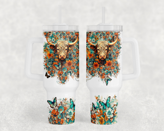 Highland Cow Floral - 40oz Handle Tumbler - Sublimation or Waterslide Wrap