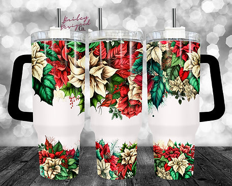 Poinsettia Flowers - 40oz Handle Tumbler - Sublimation or Waterslide Wrap