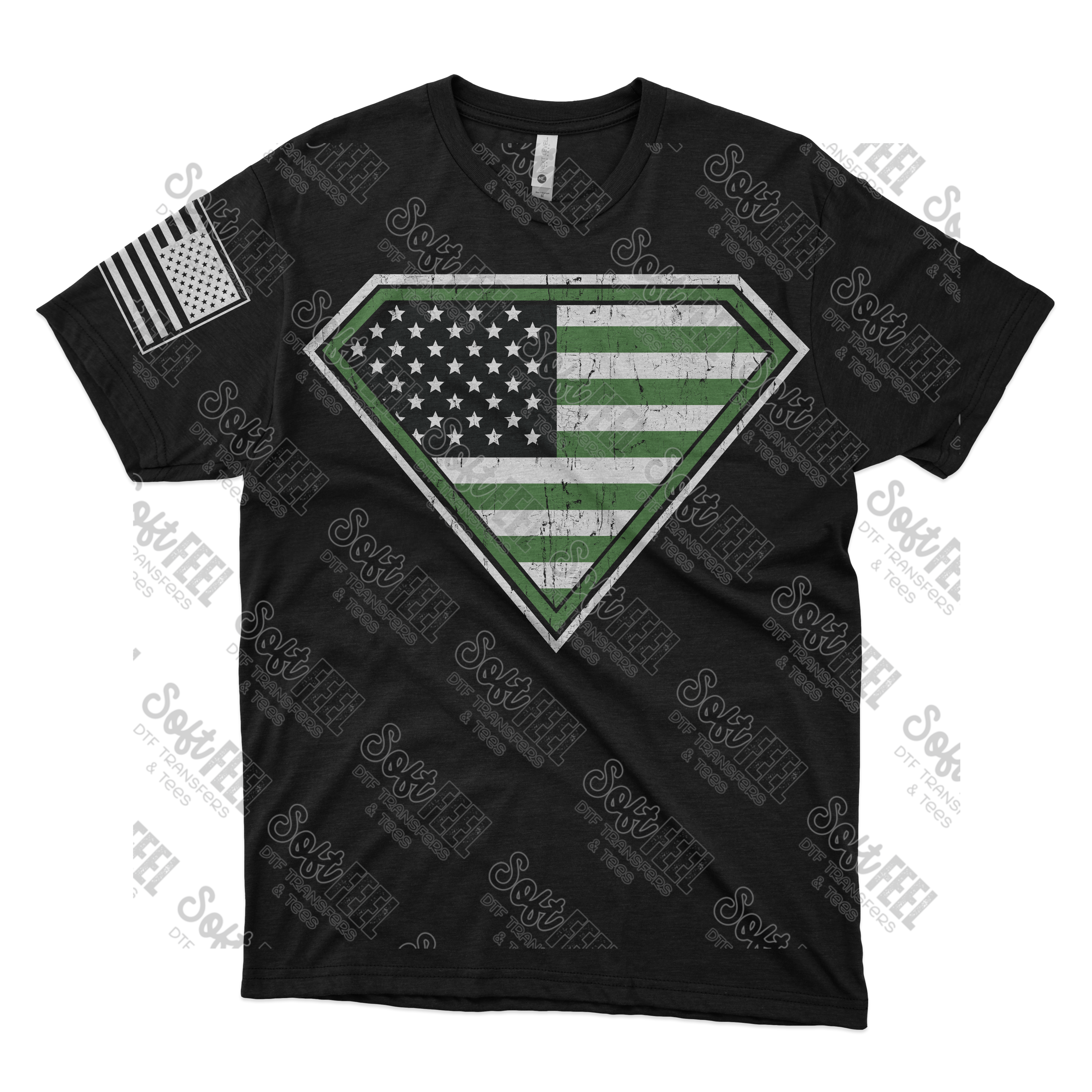 American Flag Military Green Shield - Men&#39;s / Patriotic - Direct To Film Transfer / DTF - Heat Press Clothing Transfer