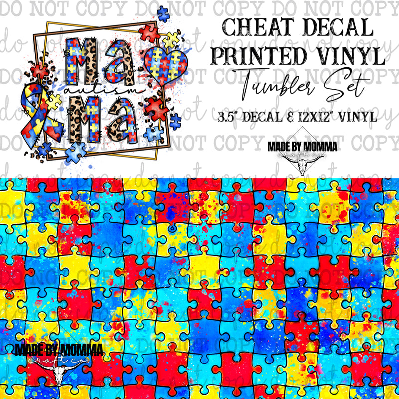 Autism Mama Puzzle Pieces - Vinyl &amp; Decal Tumbler Set