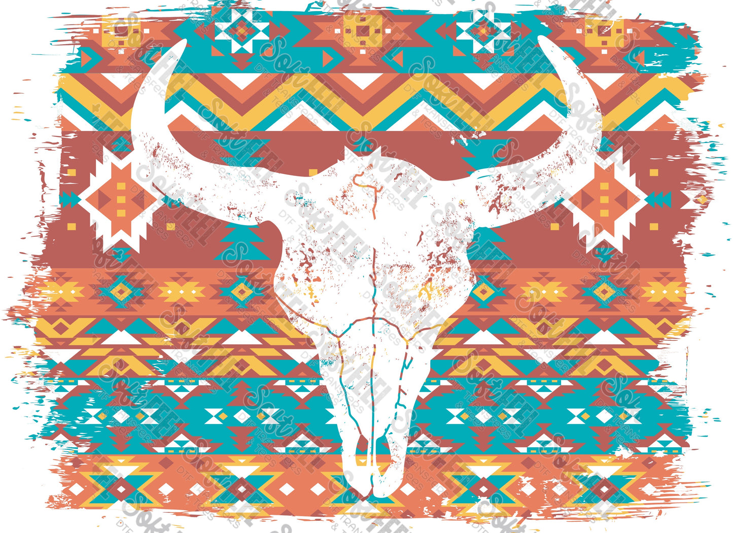 Aztec Bull Skull 1 - Country Western - Direct To Film Transfer / DTF - Heat Press Clothing Transfer