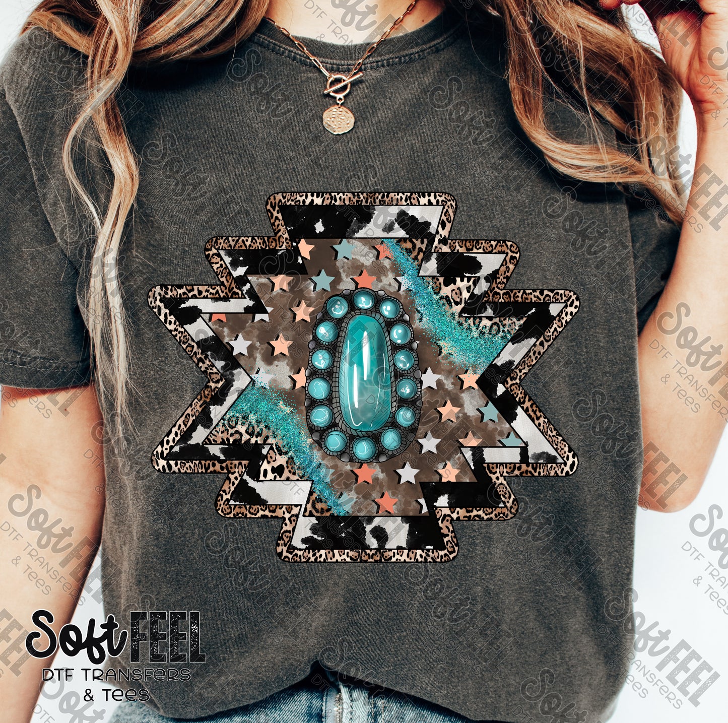 Aztec Cowhide Turquoise - Country Western - Direct To Film Transfer / DTF - Heat Press Clothing Transfer