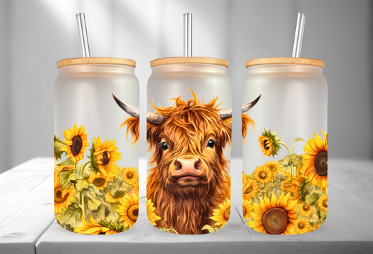 Highland Cow Sunflowers Sublimation Libbey Can Wrap