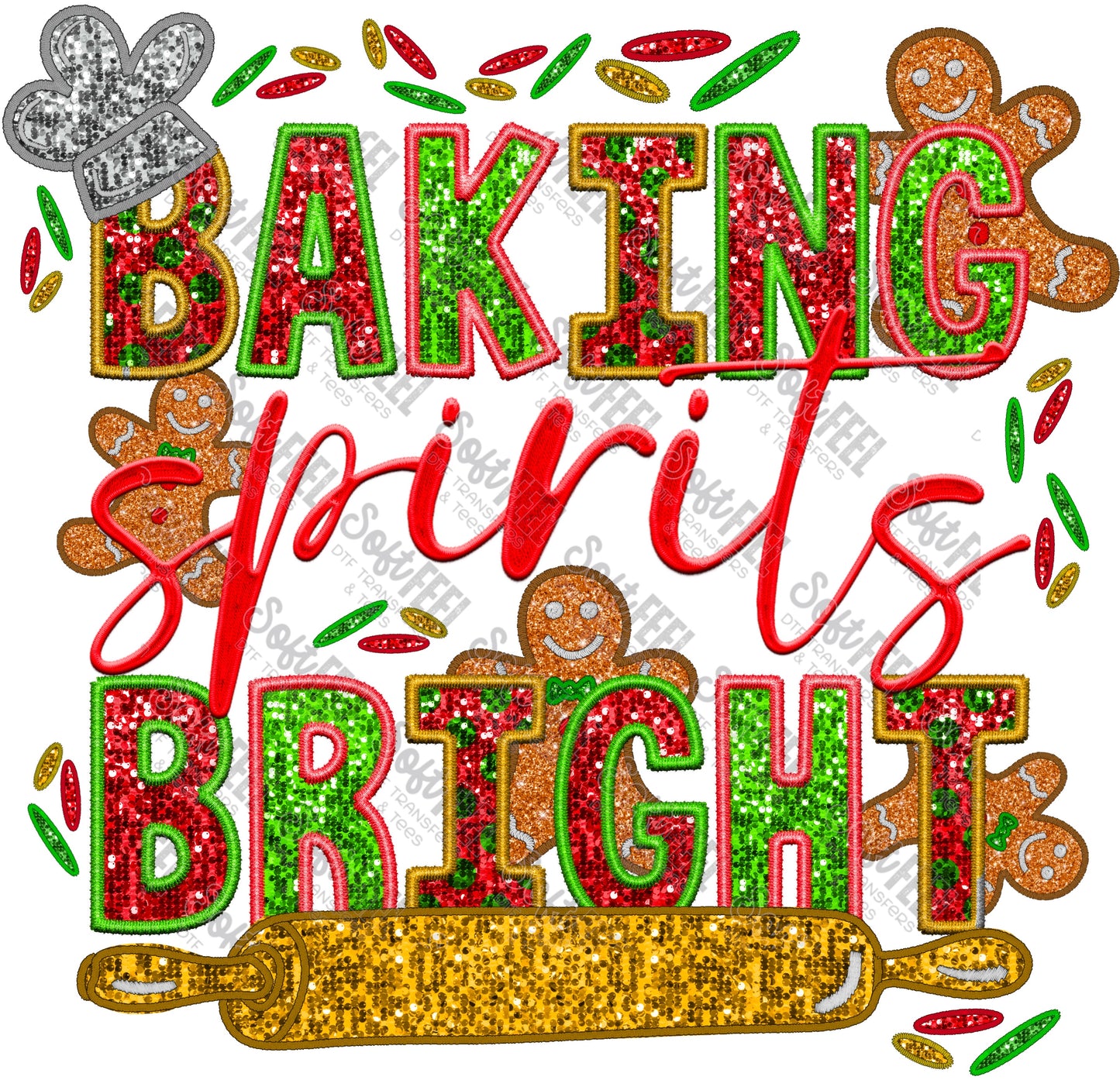 Baking Spirits Bright - Christmas / Faux Embroidery - Direct To Film Transfer / DTF - Heat Press Clothing Transfer