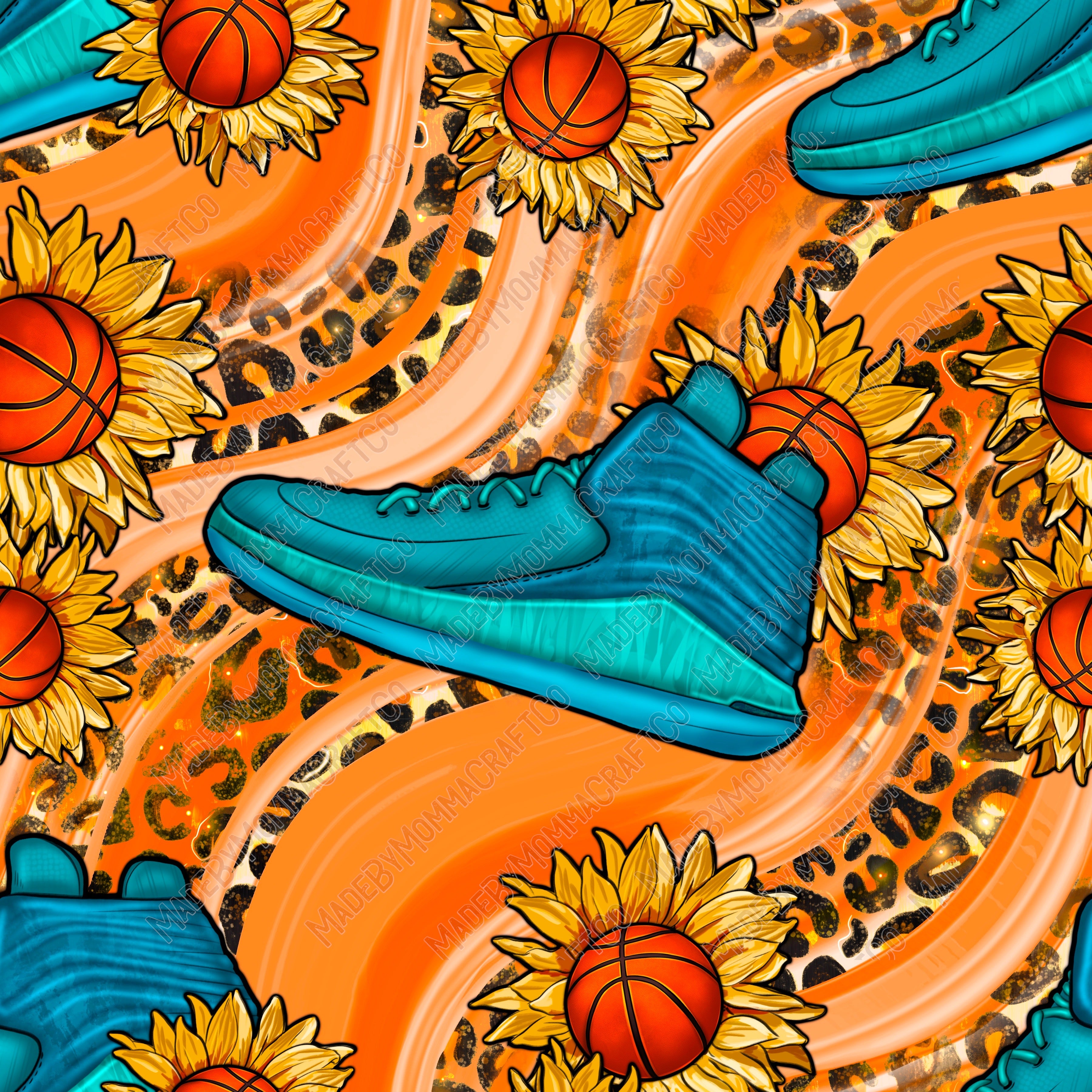 Basketball Shoes And Sunflowers With Leopard - Vinyl Or Waterslide Seamless Wrap