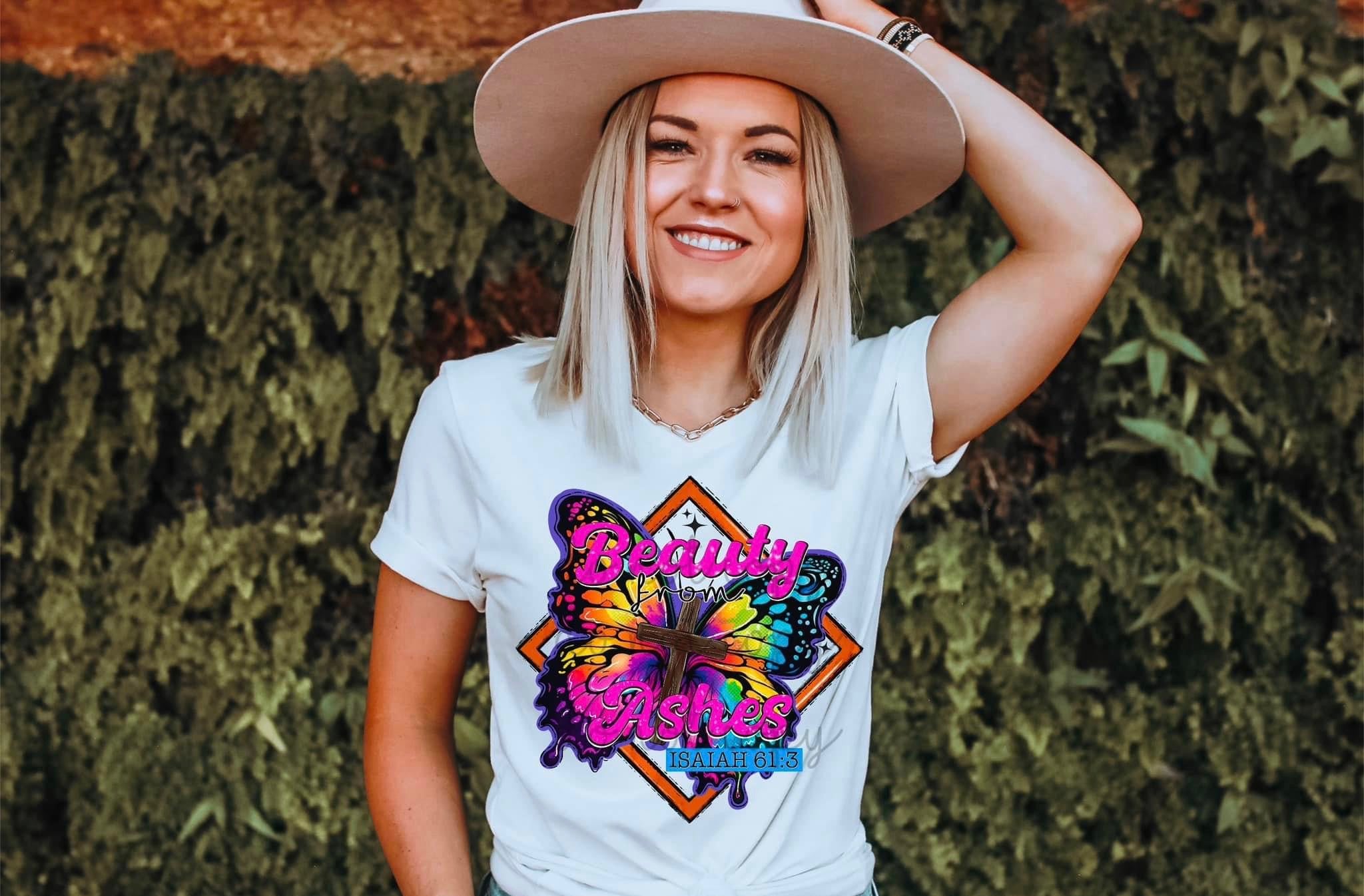 Beauty From Ashes Butterfly - Women&#39;s / Motivational / Christian - Direct To Film Transfer / DTF - Heat Press Clothing Transfer