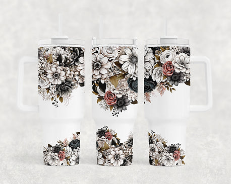 Black Florals - 40oz Handle Tumbler - Sublimation or Waterslide Wrap