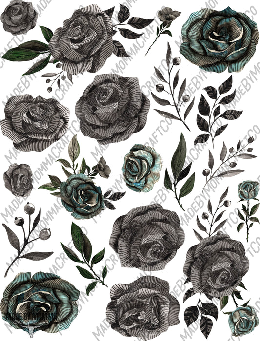 Black And Teal Floral Elements - Cheat Clear Waterslide ™ or Sticker Themed Sheet  Elements Sheet