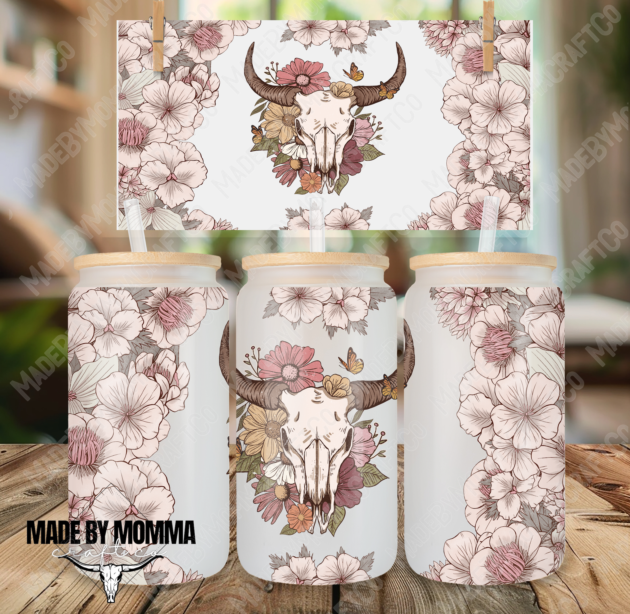 Bull Skull and Flowers 16oz UV DTF or Sublimation Wrap