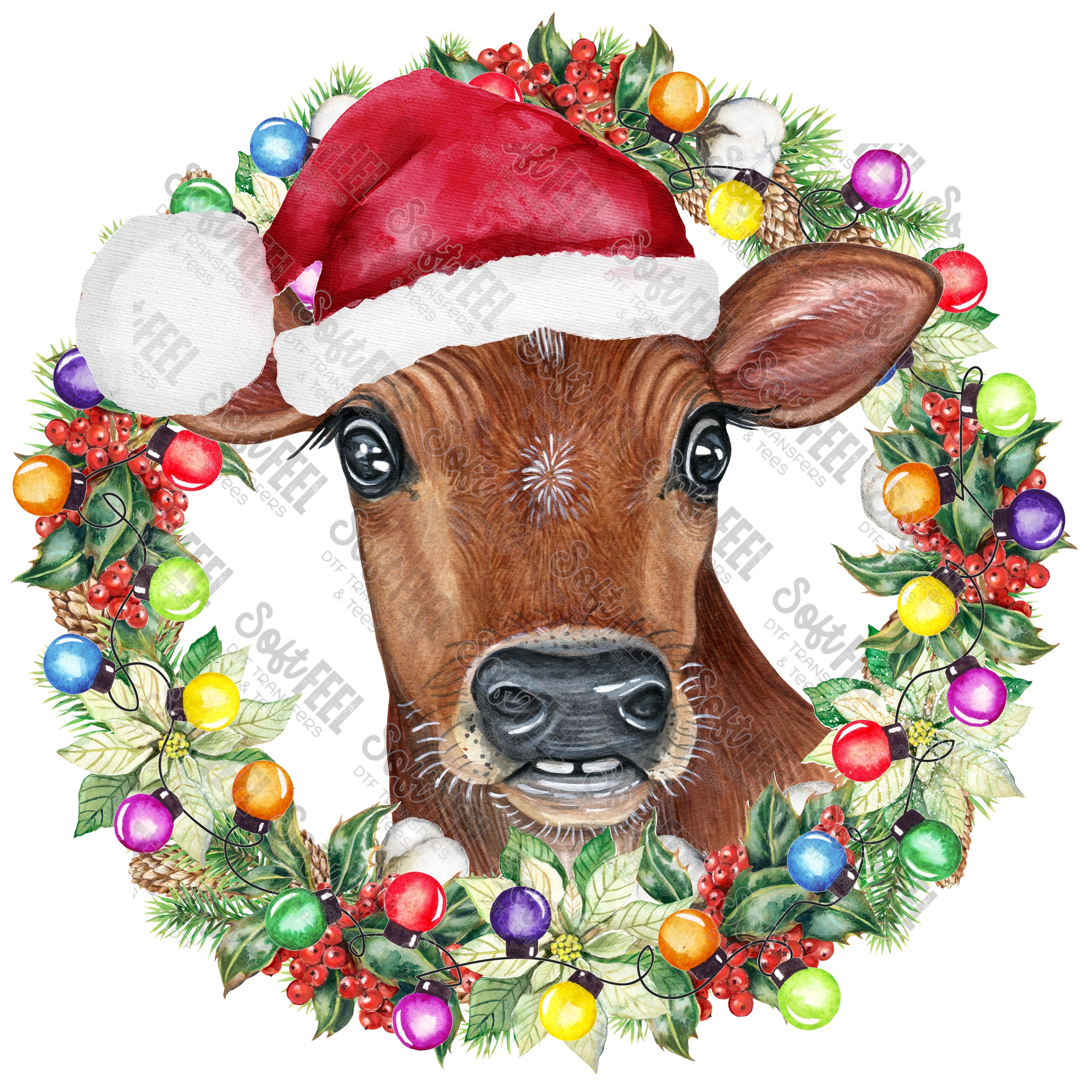 CHRISTMAS COW WREATH - Christmas / Country Western - Direct To Film Transfer / DTF - Heat Press Clothing Transfer
