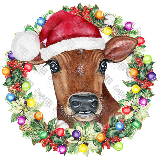 CHRISTMAS COW WREATH - Christmas / Country Western - Direct To Film Transfer / DTF - Heat Press Clothing Transfer