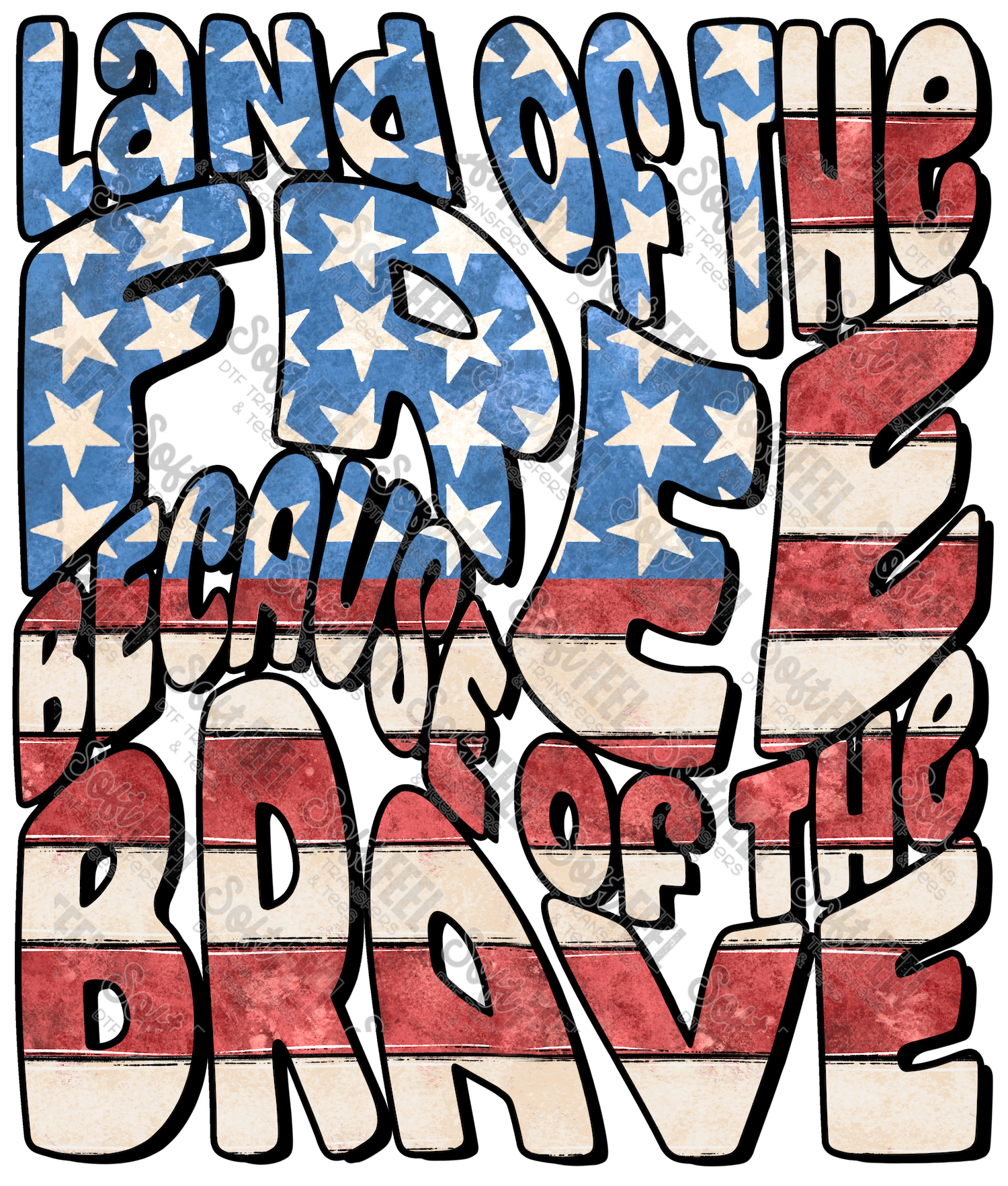 Land of the Free Because of the Brave Retro Wavy Font - Patriotic / Retro - Direct To Film Transfer / DTF - Heat Press Clothing Transfer