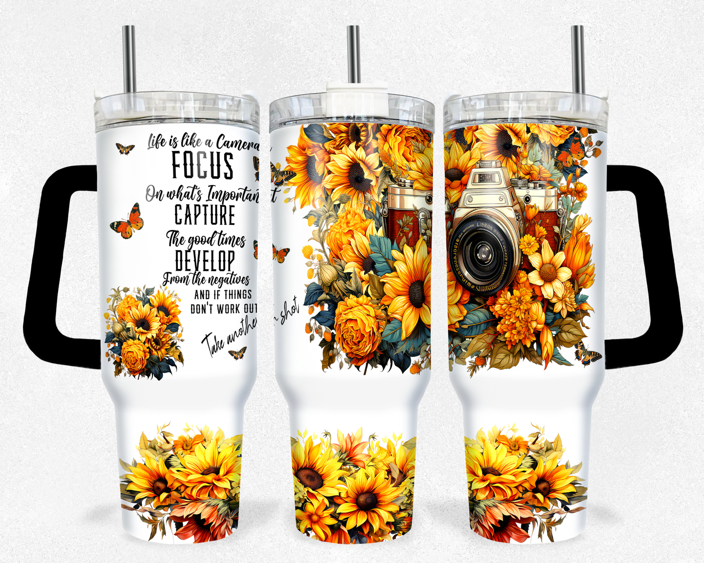 Sunflower Camera - 40oz Handle Tumbler - Sublimation or Waterslide Wrap