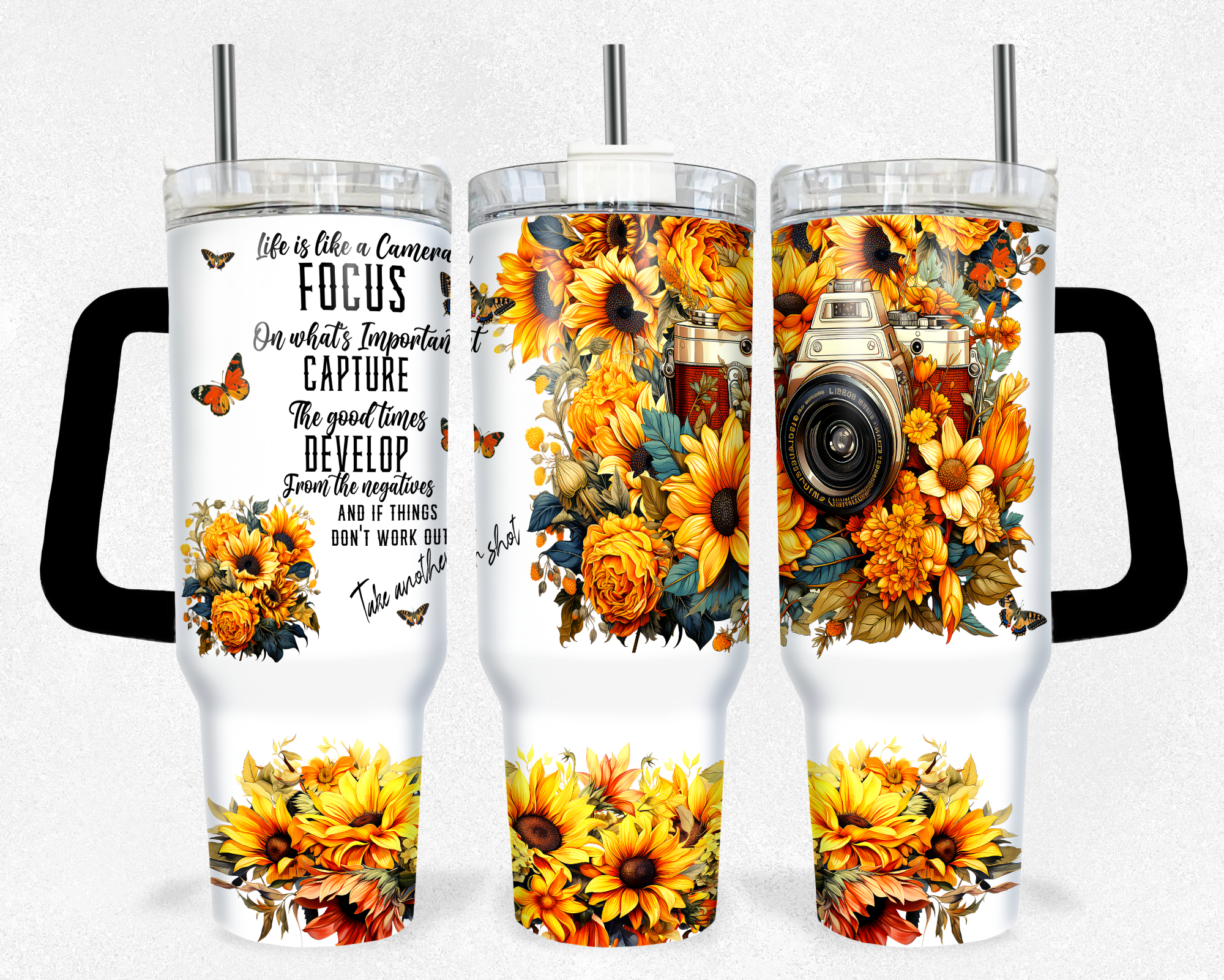 Sunflower Camera - 40oz Handle Tumbler - Sublimation or Waterslide Wrap