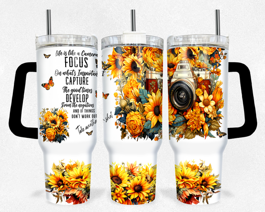 Sunflower Camera - 40oz Handle Tumbler - Sublimation or Waterslide Wrap