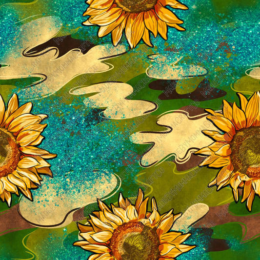 Camouflage Turquoise Glitter Sunflowers - Vinyl Or Waterslide Seamless Wrap