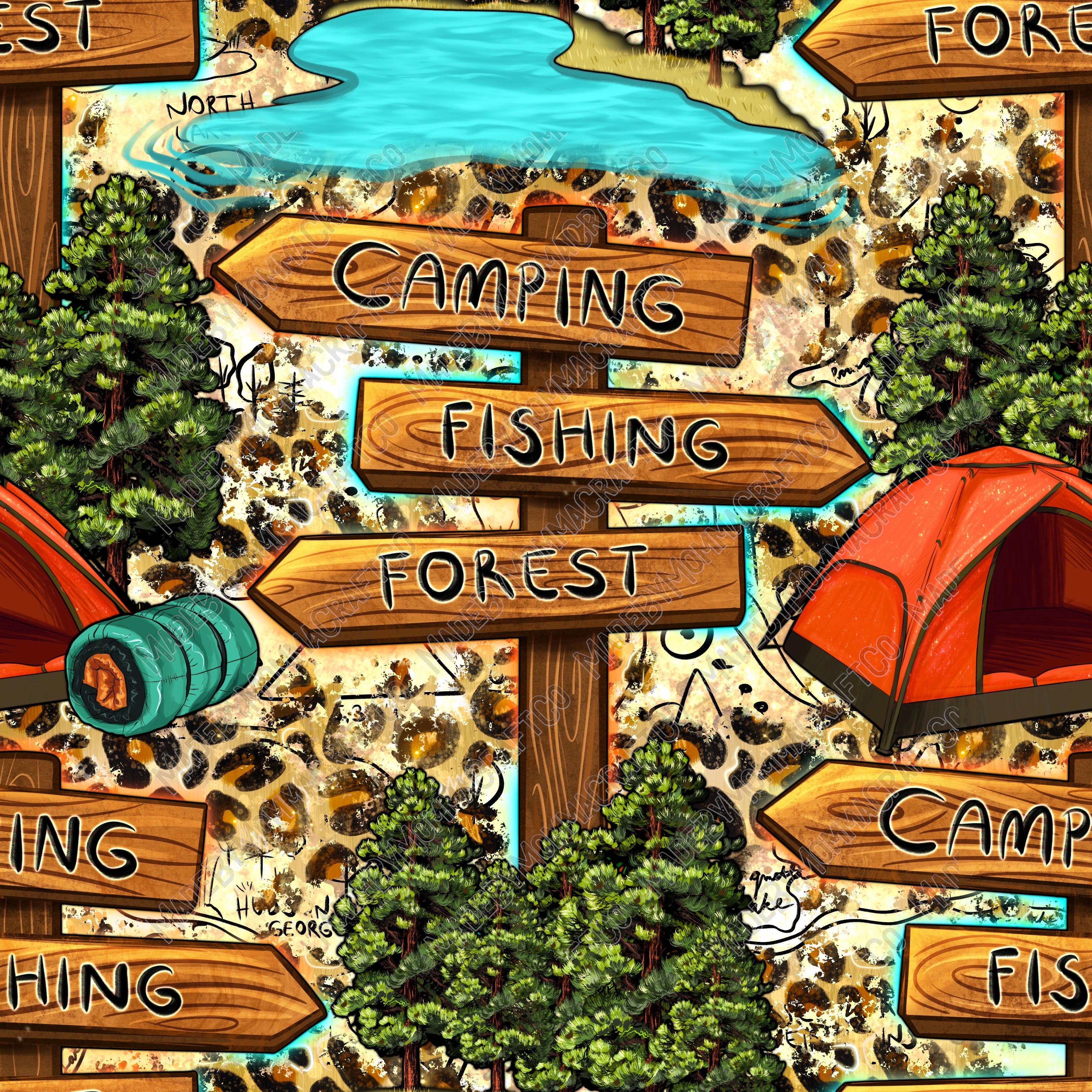 Camping Fishing Forest Signboard With Map - Vinyl Or Waterslide Seamless Wrap