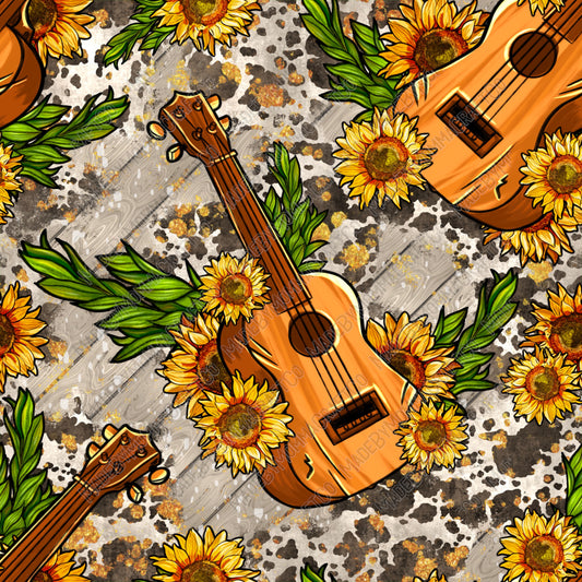 Camping Guitar And Sunflowers With Cowhide - Vinyl Or Waterslide Seamless Wrap