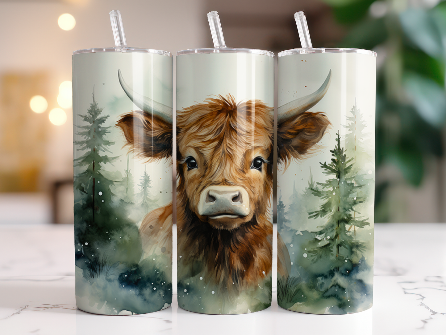 Christmas Highland Cow Nature - Sublimation or Waterslide Wrap - 20oz and 30oz