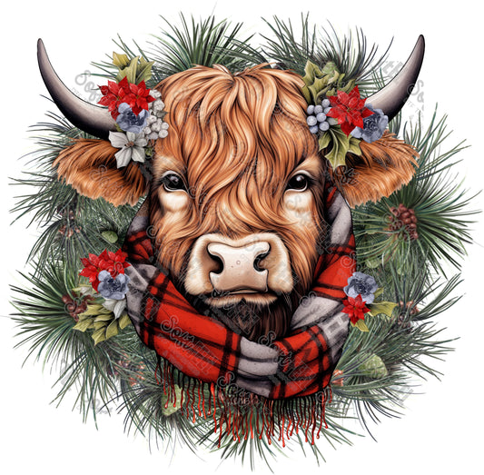 Christmas Highland Cow Wreath - Christmas - Direct To Film Transfer / DTF - Heat Press Clothing Transfer