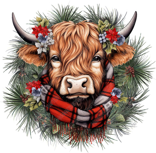 Christmas Highland Cow Wreath - Christmas - Cheat Clear Waterslide™ or White Cast Sticker