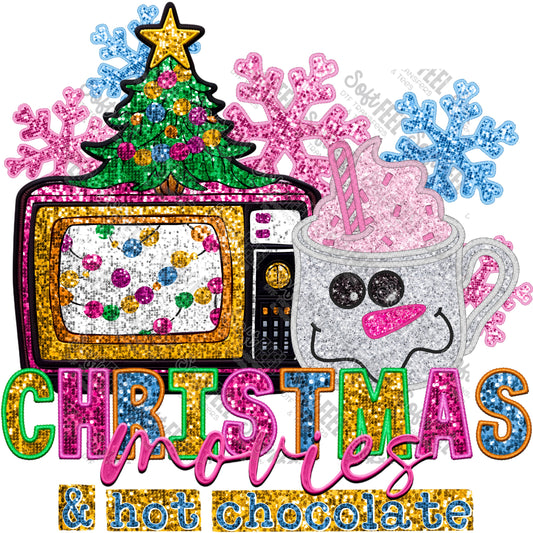 Christmas Movies and Hot Chocolate - Christmas / Faux Embroidery - Direct To Film Transfer / DTF - Heat Press Clothing Transfer