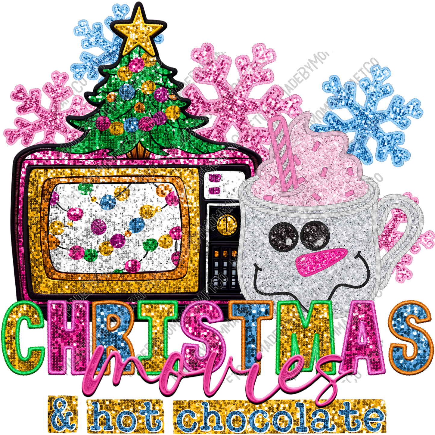 Christmas Movies And Hot Chocolate - Faux Embroidery - Cheat Clear Waterslide™ or White Cast Sticker