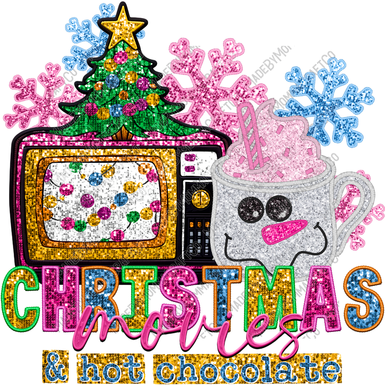 Christmas Movies And Hot Chocolate - Faux Embroidery - Cheat Clear Waterslide™ or White Cast Sticker