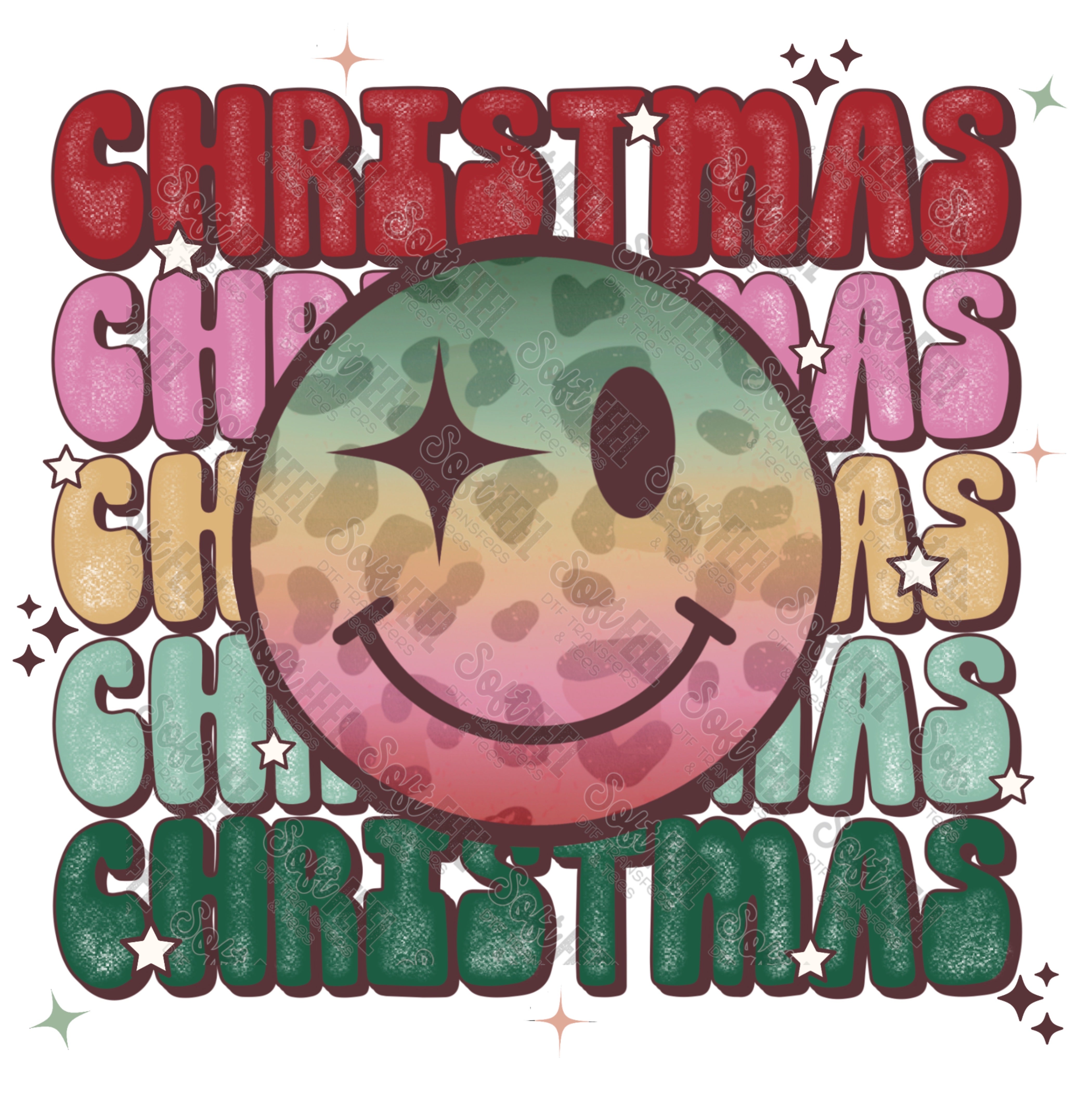 Christmas Smiley Distressed - Christmas / Retro / Women&#39;s - Direct To Film Transfer / DTF - Heat Press Clothing Transfer
