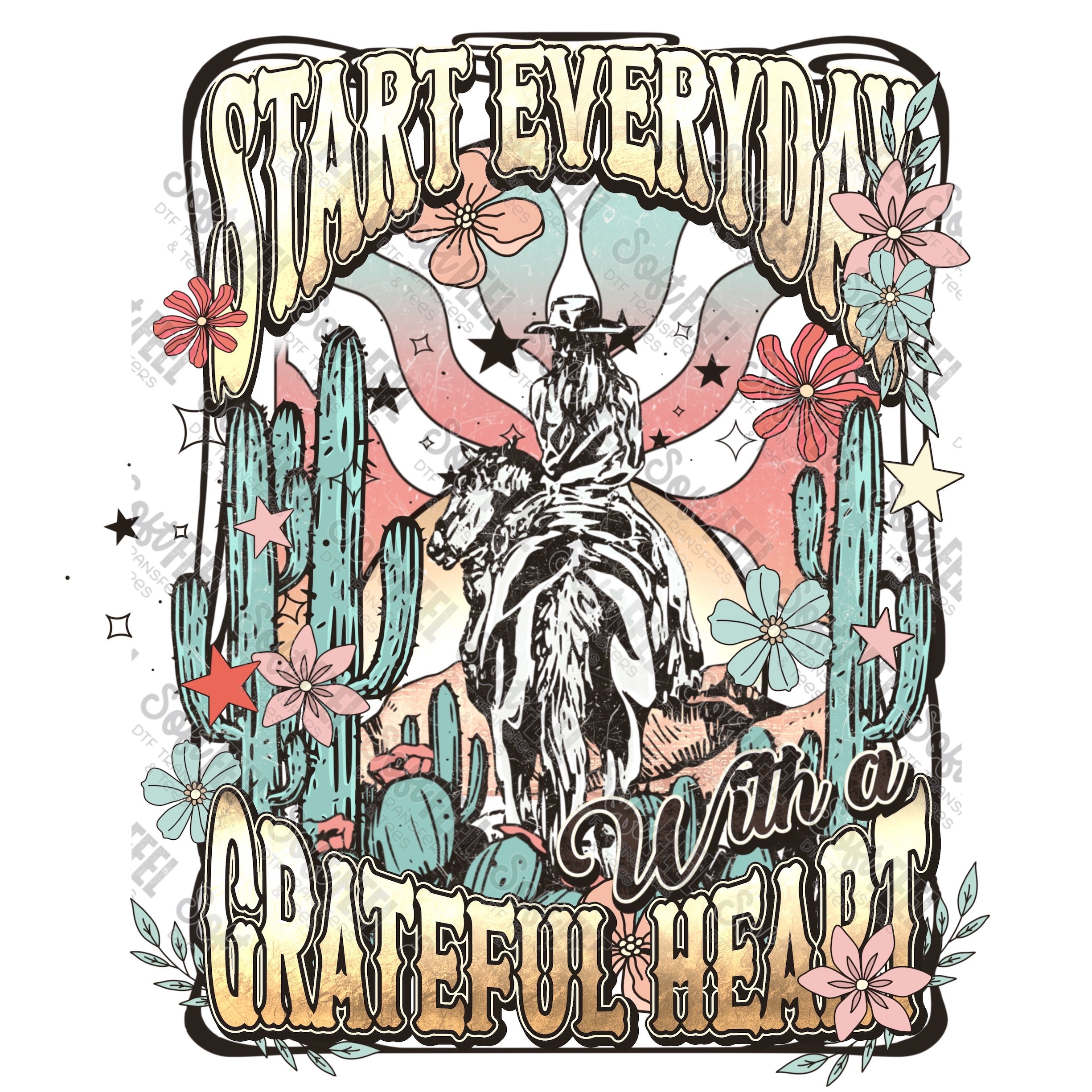 Start Everyday With A Grateful Heart - Women&#39;s / Western - Direct To Film Transfer / DTF - Heat Press Clothing Transfer