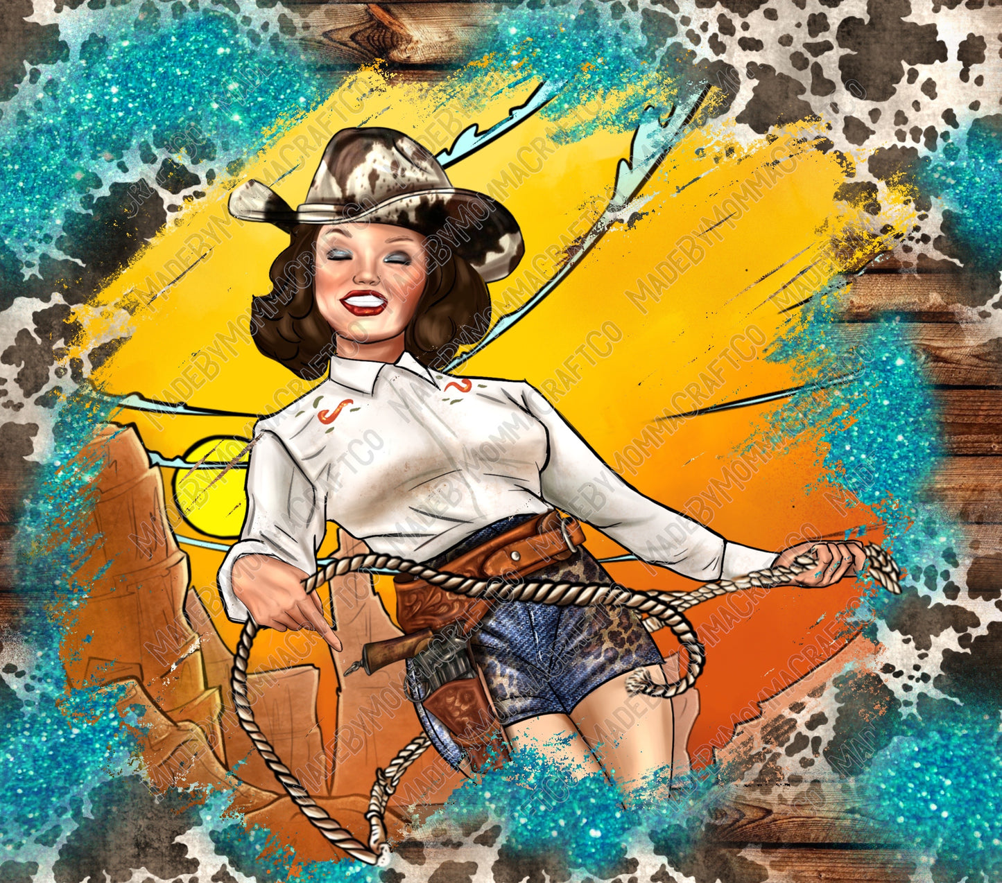 Cowgirl With Cowhide Pattern Tumbler - Vinyl Or Waterslide Seamless Wrap