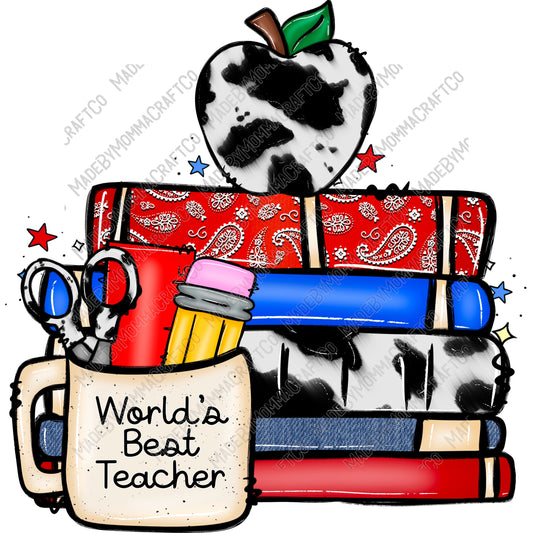 Cow Print World's Best Teacher - Back to School - Cheat Clear Waterslide™ or White Cast Sticker