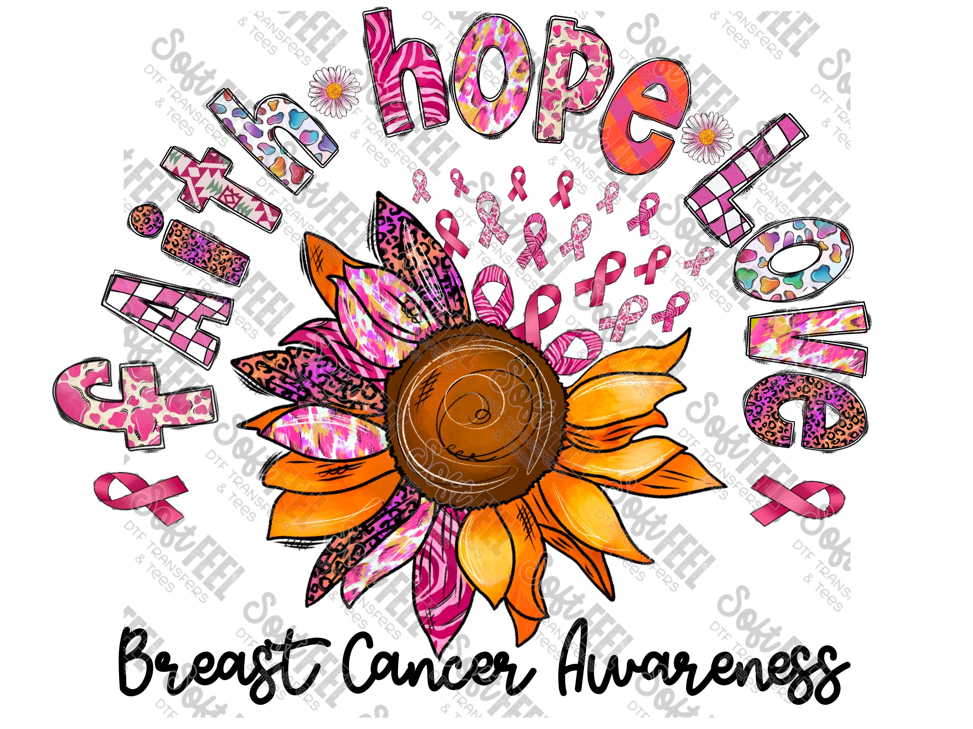 Faith Hope Love Breast Cancer Awareness - Women&#39;s / Motivational - Direct To Film Transfer / DTF - Heat Press Clothing Transfer