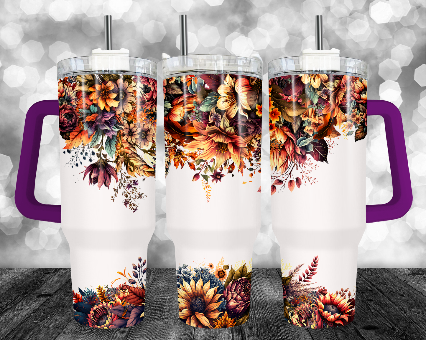 Fall Floral - 40oz Handle Tumbler - Sublimation or Waterslide Wrap