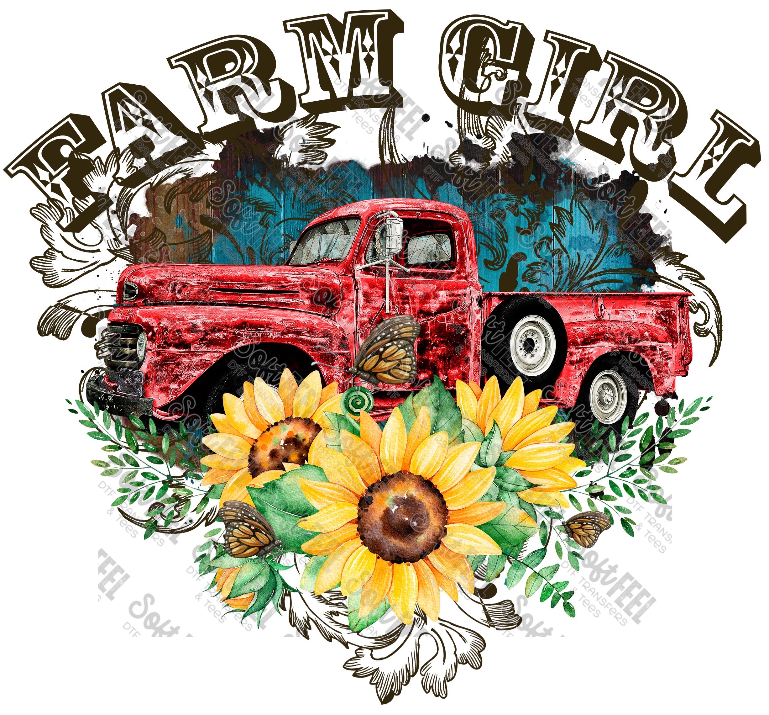 Farm Girl Vintage Truck Sunflower - Country Western / Women&#39;s - Direct To Film Transfer / DTF - Heat Press Clothing Transfer