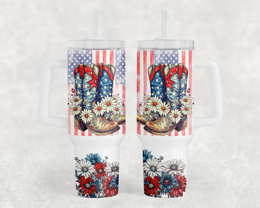 Flag Boots Red White and Blue - 40oz Handle Tumbler - Sublimation or Waterslide Wrap