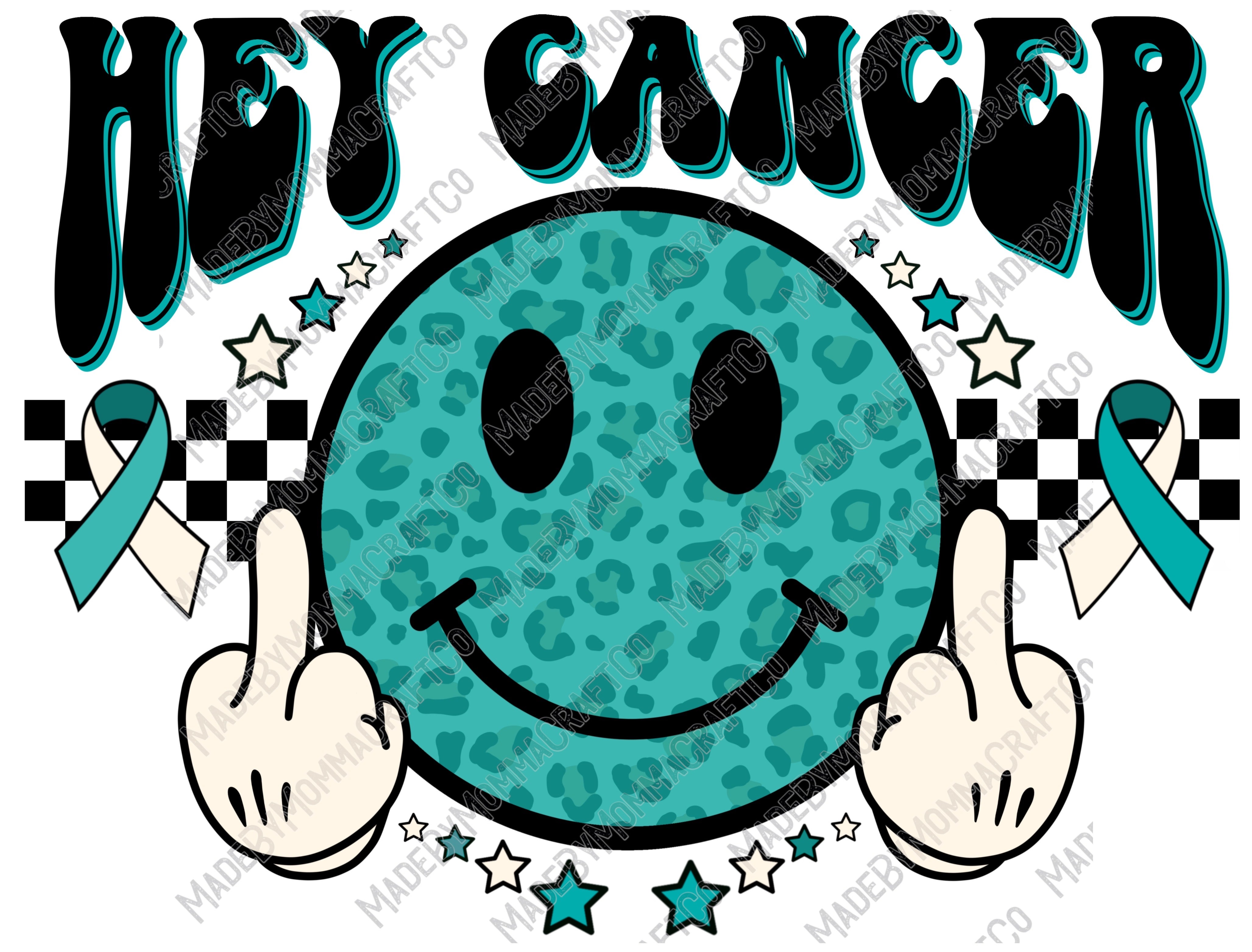 Hey Cancer F U Teal Middle Finger Smiley Face - Cheat Clear Waterslide™ or UV DTF Sticker