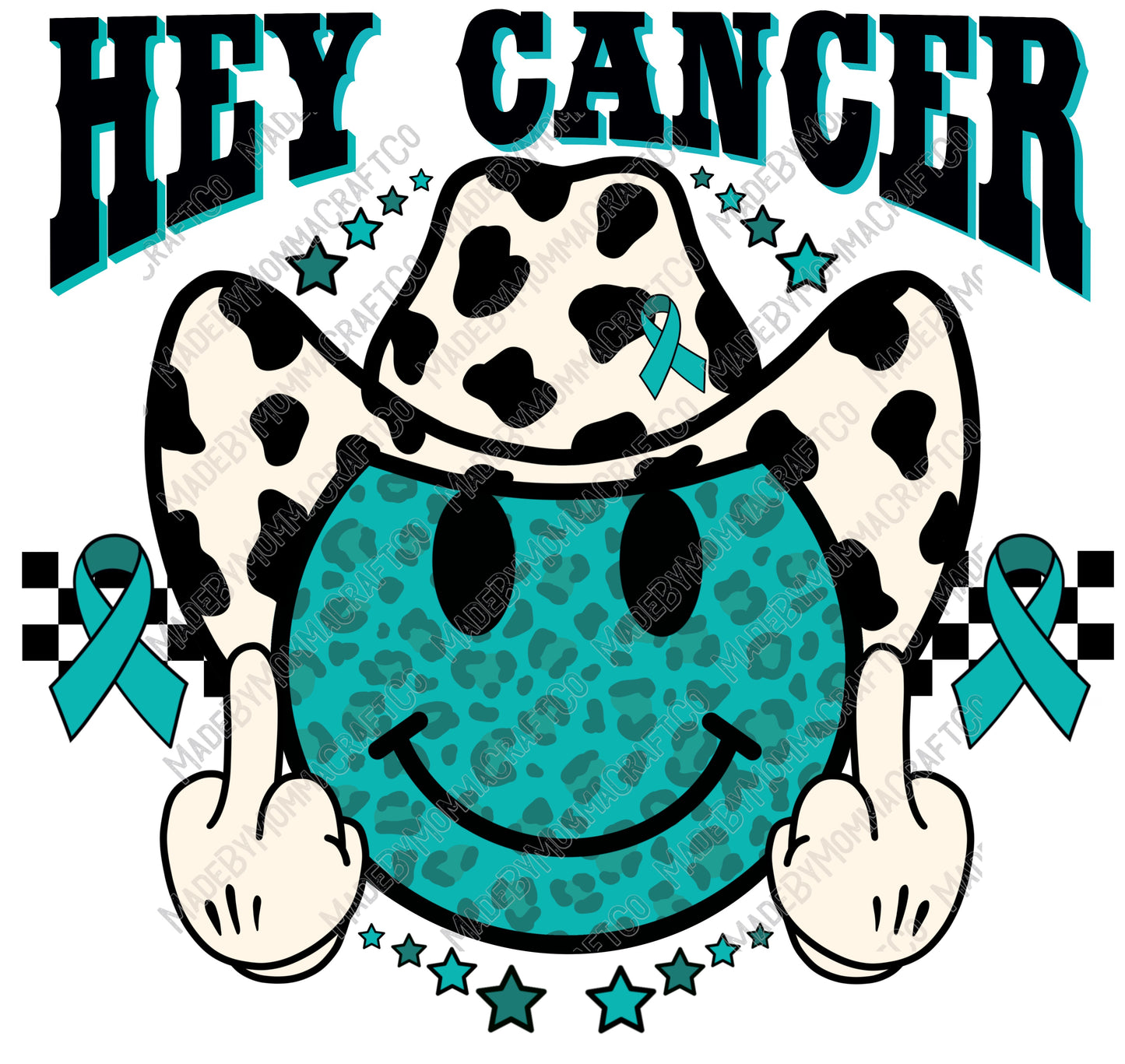 Hey Cancer F U Teal Middle Western Finger Smiley Face - Cheat Clear Waterslide™ or White Cast Sticker